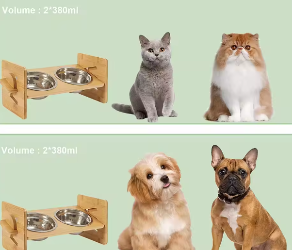 Verhoogde Kattenvoerbak met Bamboe Standaard – Dubbele Roestvrijstalen Kommen, In Hoogte Verstelbaar