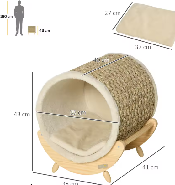 Kattengrot met Krasoppervlak en Kussen – Houten Kattenhuis 41×38×43 cm
