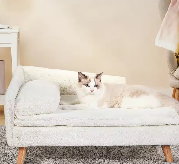 Verhoogd Huisdierenbed – L-vorm Bank met Houten Poten & Pluche Kussen