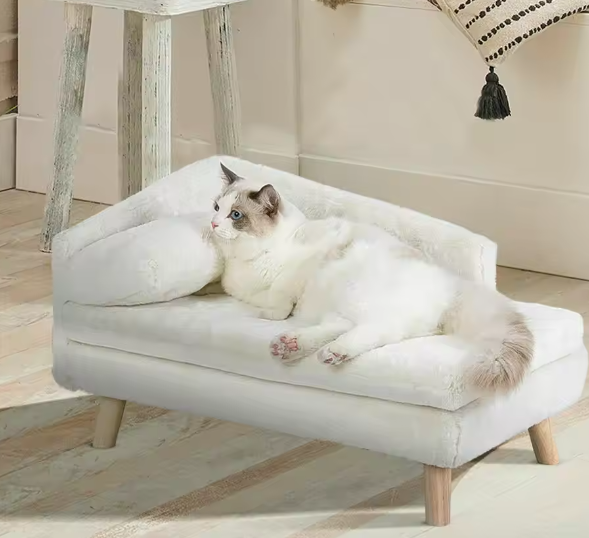 Verhoogd Huisdierenbed – L-vorm Bank met Houten Poten & Pluche Kussen