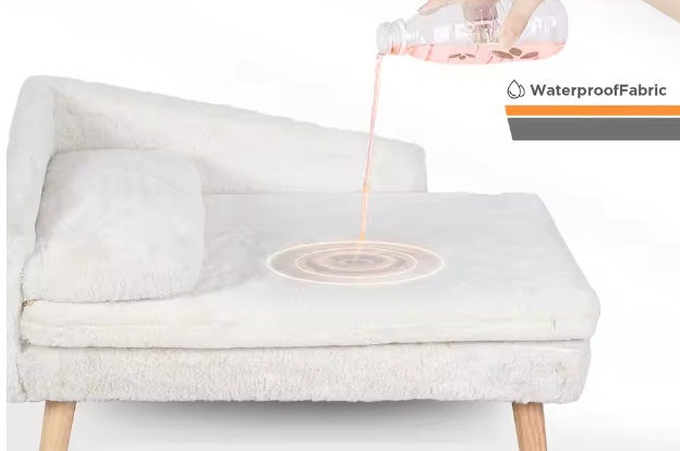 Verhoogd Huisdierenbed – L-vorm Bank met Houten Poten & Pluche Kussen