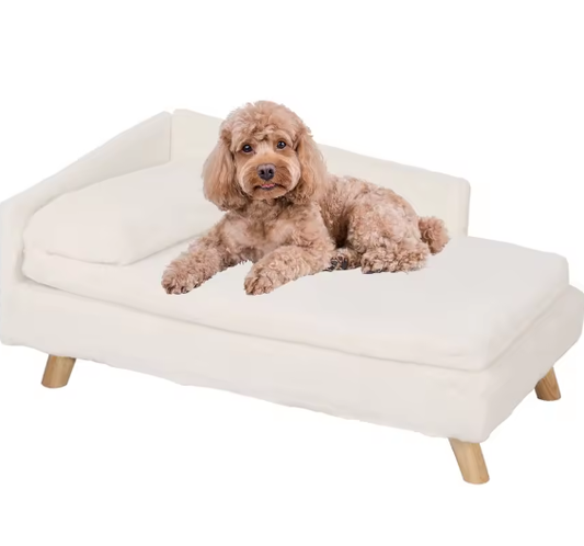 Verhoogd Huisdierenbed – L-vorm Bank met Houten Poten & Pluche Kussen