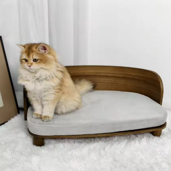 Verhoogd Kattenbed – Houten Bank met Kussen voor Kat of Kleine Hond