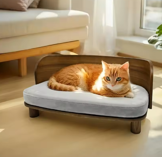 Verhoogd Kattenbed – Houten Bank met Kussen voor Kat of Kleine Hond