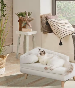 L-vormige hondenbank met kussen – Pluche stof & houten poten