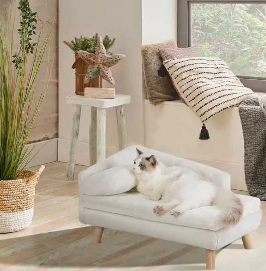L-vormige hondenbank met kussen – Pluche stof & houten poten