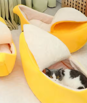 Banaanvormig kattenbed – Pluche & warm huisdiernest