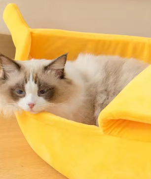 Banaanvormig kattenbed – Pluche & warm huisdiernest