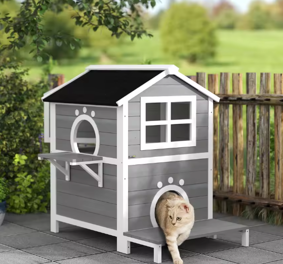 Houten kattenhuis met balkon – 2 verdiepingen voor binnen & buiten