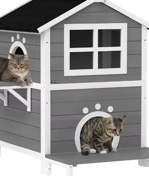 Houten kattenhuis met balkon – 2 verdiepingen voor binnen & buiten