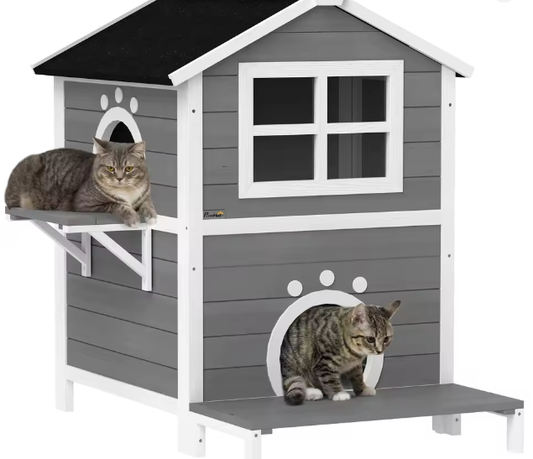 Houten kattenhuis met balkon – 2 verdiepingen voor binnen & buiten