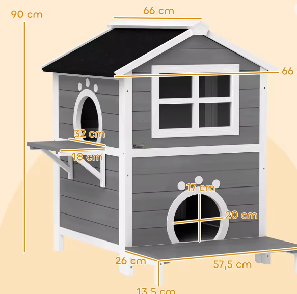 Houten kattenhuis met balkon – 2 verdiepingen voor binnen & buiten