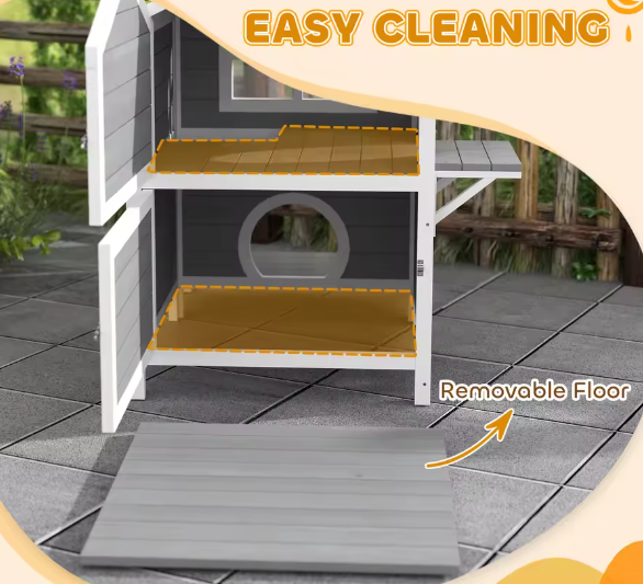 Houten kattenhuis met balkon – 2 verdiepingen voor binnen & buiten