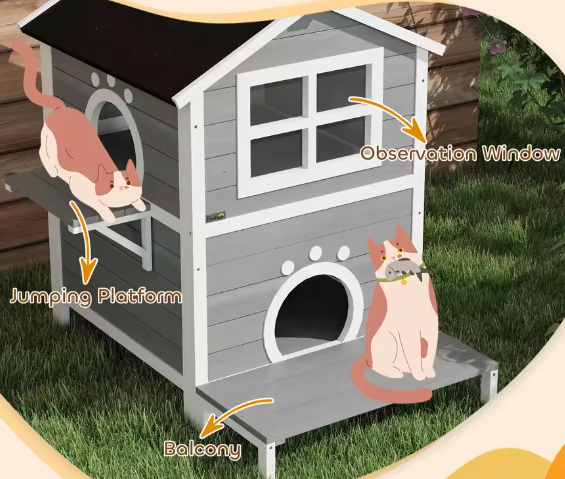 Houten kattenhuis met balkon – 2 verdiepingen voor binnen & buiten