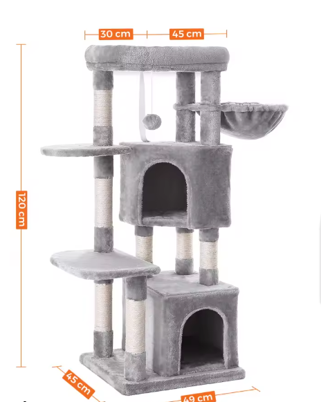 Krabpaal Kattenboom – 120 cm Hoog, 2 Grotten & Uitkijkplatform