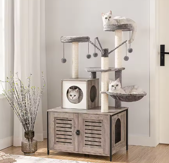 Alles-in-Één Kattenboom – 132 cm Hoog, Met Kattenbak & Hangmat