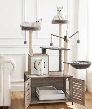 Alles-in-Één Kattenboom – 132 cm Hoog, Met Kattenbak & Hangmat