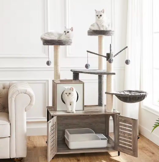 Alles-in-Één Kattenboom – 132 cm Hoog, Met Kattenbak & Hangmat