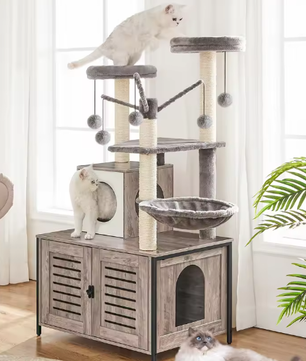 Alles-in-Één Kattenboom – 132 cm Hoog, Met Kattenbak & Hangmat