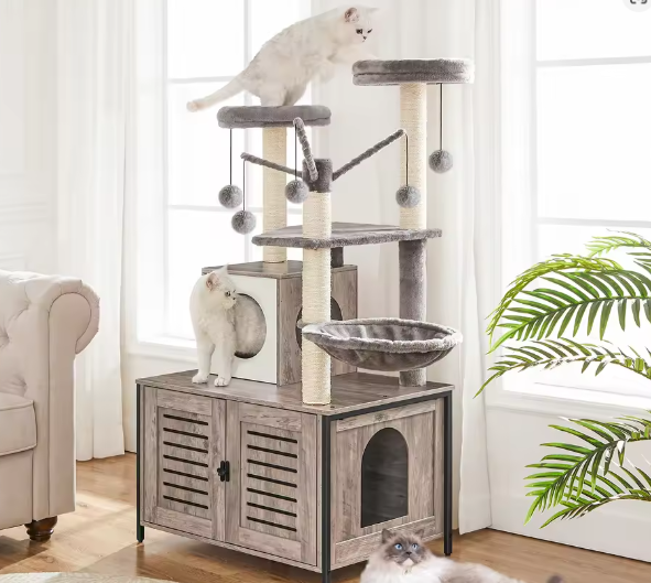 Alles-in-Één Kattenboom – 132 cm Hoog, Met Kattenbak & Hangmat