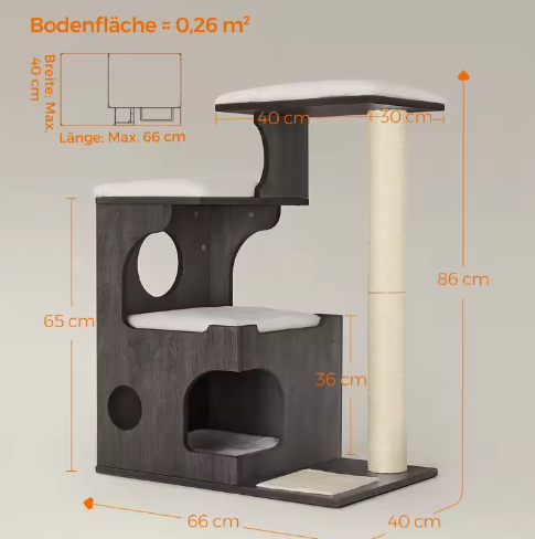Krabpaal 86 cm – Kattenboom met 3 Platforms, Grot & Sisalzuil