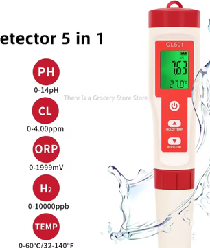 5-in-1 Digitale Waterkwaliteitstester – pH, Chloor, ORP, H2 & Temperatuur