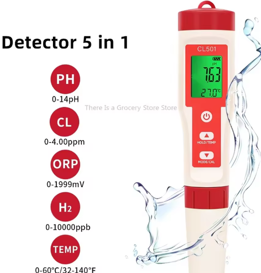 5-in-1 Digitale Waterkwaliteitstester – pH, Chloor, ORP, H2 & Temperatuur