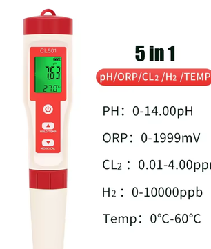 5-in-1 Digitale Waterkwaliteitstester – pH, Chloor, ORP, H2 & Temperatuur