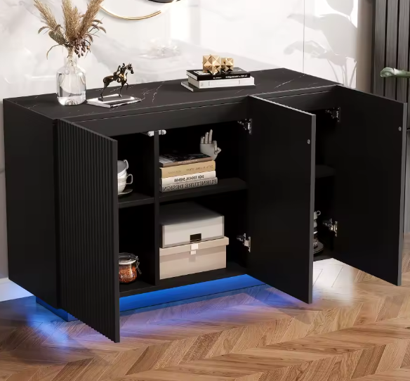 Modern LED Dressoir met Bluetooth – 120 cm, Marmerdecor & Grote Opbergruimte