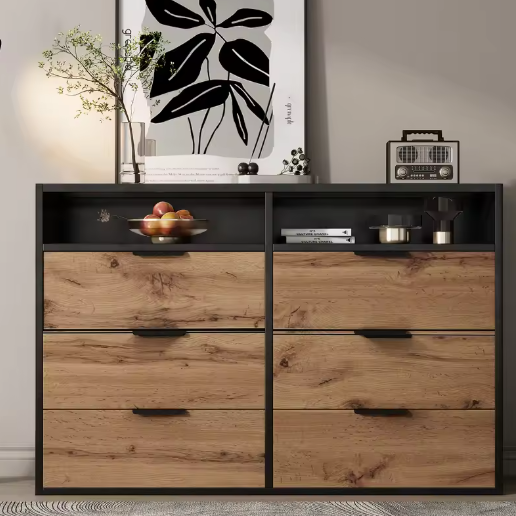 Modern amberkleurig glazen dressoir met metalen handgrepen, 6 lades en 2 open vakken – Elegante kast met eiken afwerking