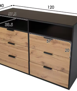 Modern amberkleurig glazen dressoir met metalen handgrepen, 6 lades en 2 open vakken – Elegante kast met eiken afwerking