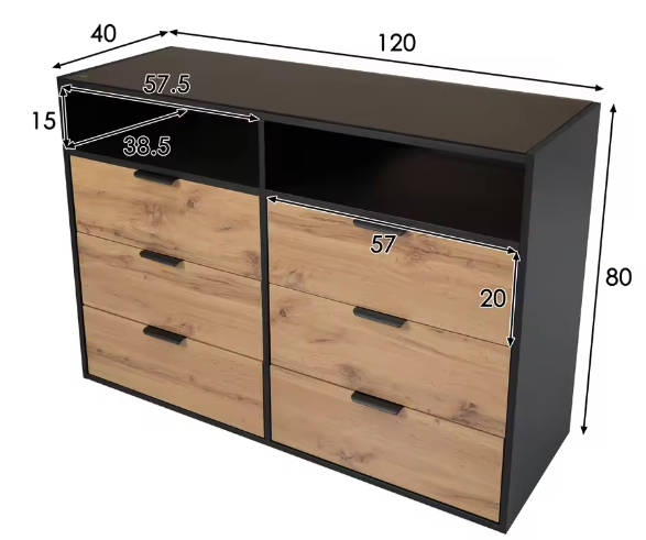 Modern amberkleurig glazen dressoir met metalen handgrepen, 6 lades en 2 open vakken – Elegante kast met eiken afwerking
