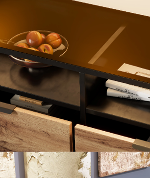 Modern amberkleurig glazen dressoir met metalen handgrepen, 6 lades en 2 open vakken – Elegante kast met eiken afwerking