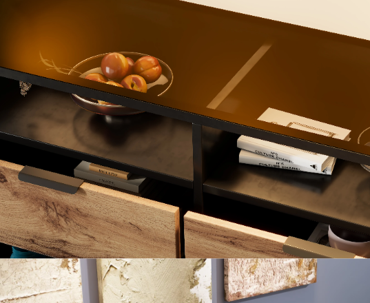 Modern amberkleurig glazen dressoir met metalen handgrepen, 6 lades en 2 open vakken – Elegante kast met eiken afwerking