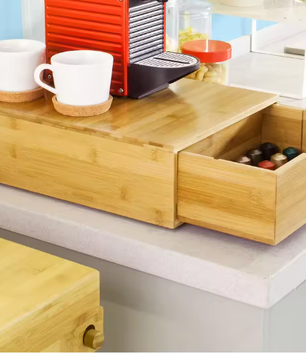 Bamboe koffiecapsuledoos met lades en monitorstandaard – Organizer voor koffie, thee en bureauaccessoires