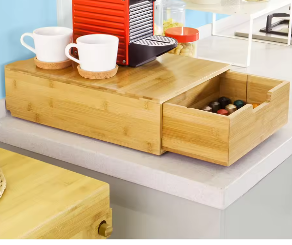 Bamboe koffiecapsuledoos met lades en monitorstandaard – Organizer voor koffie, thee en bureauaccessoires