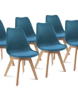Set van 6 Scandinavische Eetkamerstoelen – PU Gewatteerde Zitting & Beukenhouten Poten