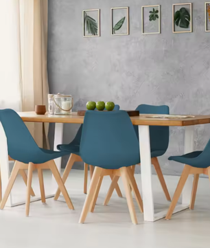 Set van 6 Scandinavische Eetkamerstoelen – PU Gewatteerde Zitting & Beukenhouten Poten