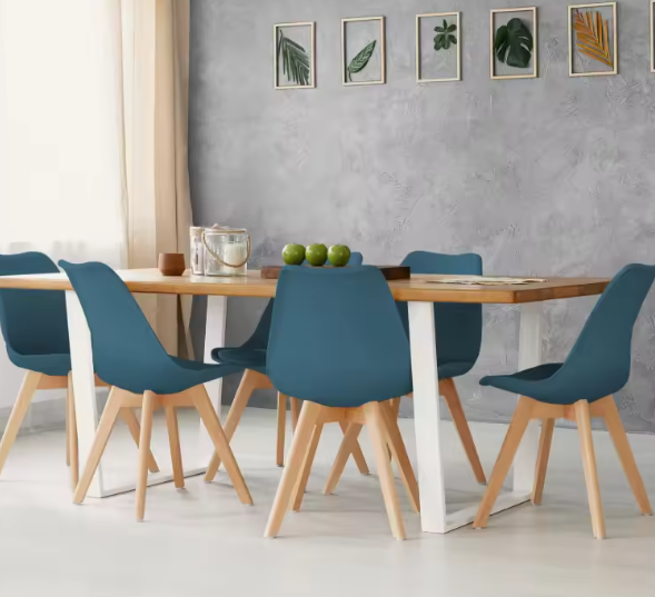 Set van 6 Scandinavische Eetkamerstoelen – PU Gewatteerde Zitting & Beukenhouten Poten