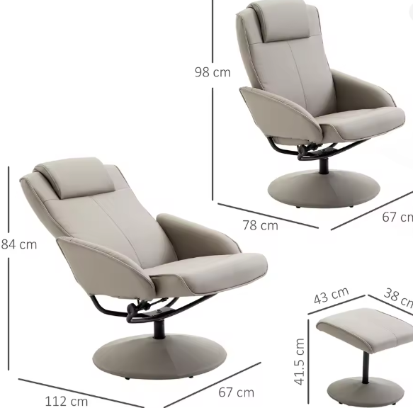Relaxfauteuil TV-Stoel – 360° Draaibaar met Voetensteun, Grijs, L78 × B67 × H98 cm
