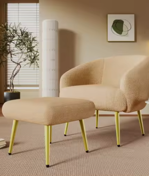 Moderne Sherpa Stoel met Voetenbank – Ergonomisch, Luxe Comfort, Gouden Poten