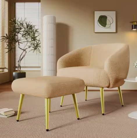 Moderne Sherpa Stoel met Voetenbank – Ergonomisch, Luxe Comfort, Gouden Poten