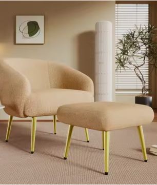 Moderne Sherpa Stoel met Voetenbank – Ergonomisch, Luxe Comfort, Gouden Poten