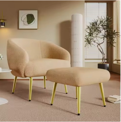 Moderne Sherpa Stoel met Voetenbank – Ergonomisch, Luxe Comfort, Gouden Poten