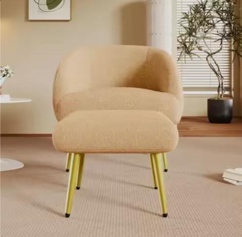 Moderne Sherpa Stoel met Voetenbank – Ergonomisch, Luxe Comfort, Gouden Poten