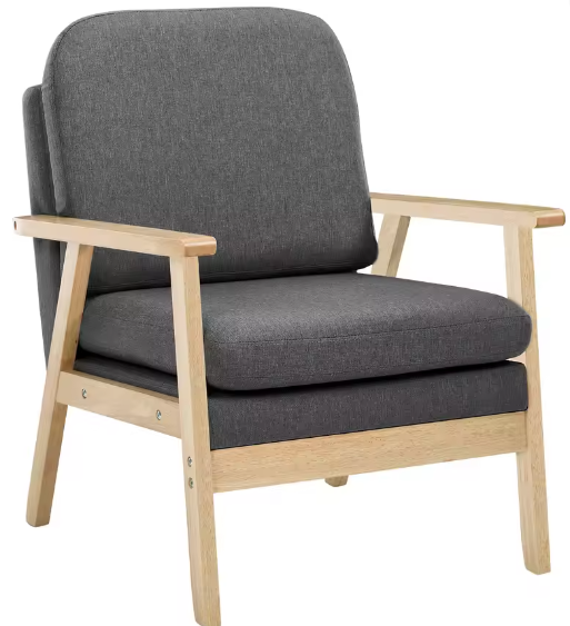Linnen Lounge Fauteuil met Dik Rugkussen – Houten Leesstoel voor Woonkamer of Slaapkamer