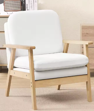 Linnen Lounge Fauteuil met Dik Rugkussen – Houten Leesstoel voor Woonkamer of Slaapkamer