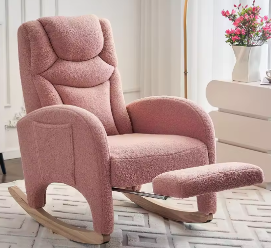 Roze Teddy Pluche Schommelstoel – Loungestoel met Armleuningen, Max. 110 kg