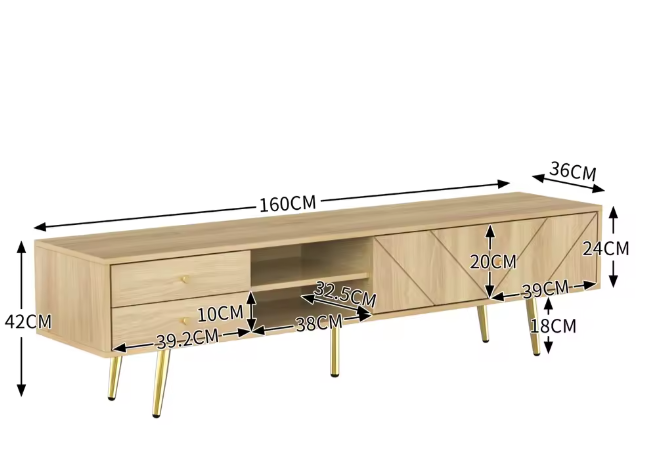 TV-meubel 160 cm met LED-verlichting, 2 deuren en 2 lades – Modern houten dressoir