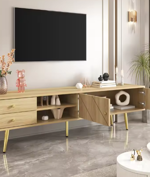 TV-meubel 160 cm met LED-verlichting, 2 deuren en 2 lades – Modern houten dressoir
